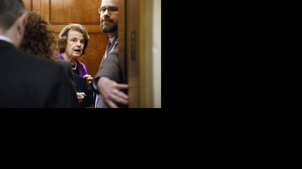 
Senate Intelligence Committee Chair Sen. Dianne Feinstein, D-Calif. on Capitol Hill in Washington, Dec. 9, 2014, as she arrives to release a report on the CIA’s interrogation techniques. Feinstein says she’ll sponsor legislation to ensure that detainees are never again tortured.
