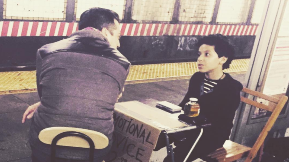 Ciro Ortiz offers cheap advice in five-minute sessions with frazzled New York City subway riders.