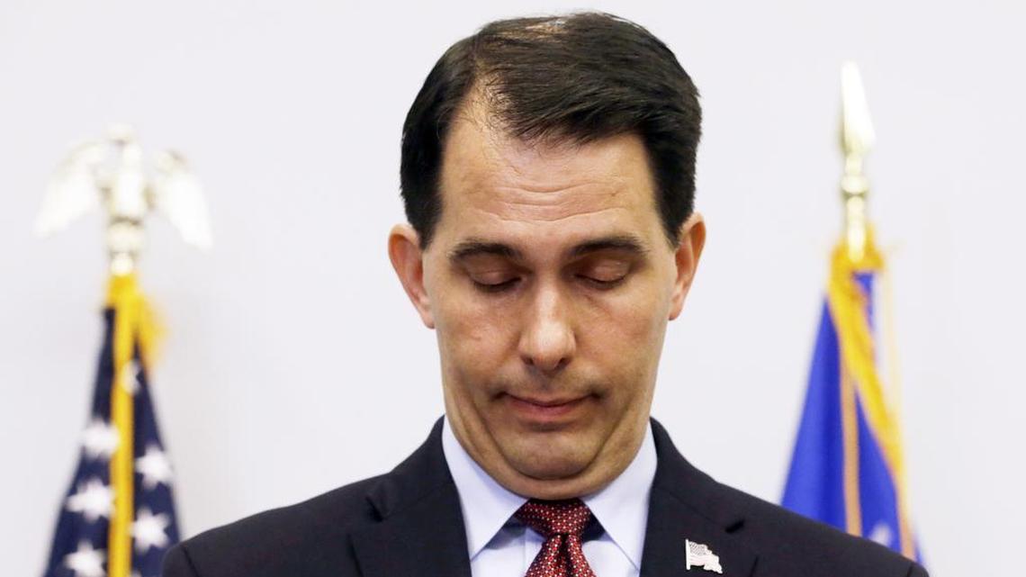 
Wisconsin Gov. Scott Walker pauses as he speaks Monday, Sept. 21, 2015, in Madison, Wis., where he announced that he is suspending his Republican presidential campaign.
