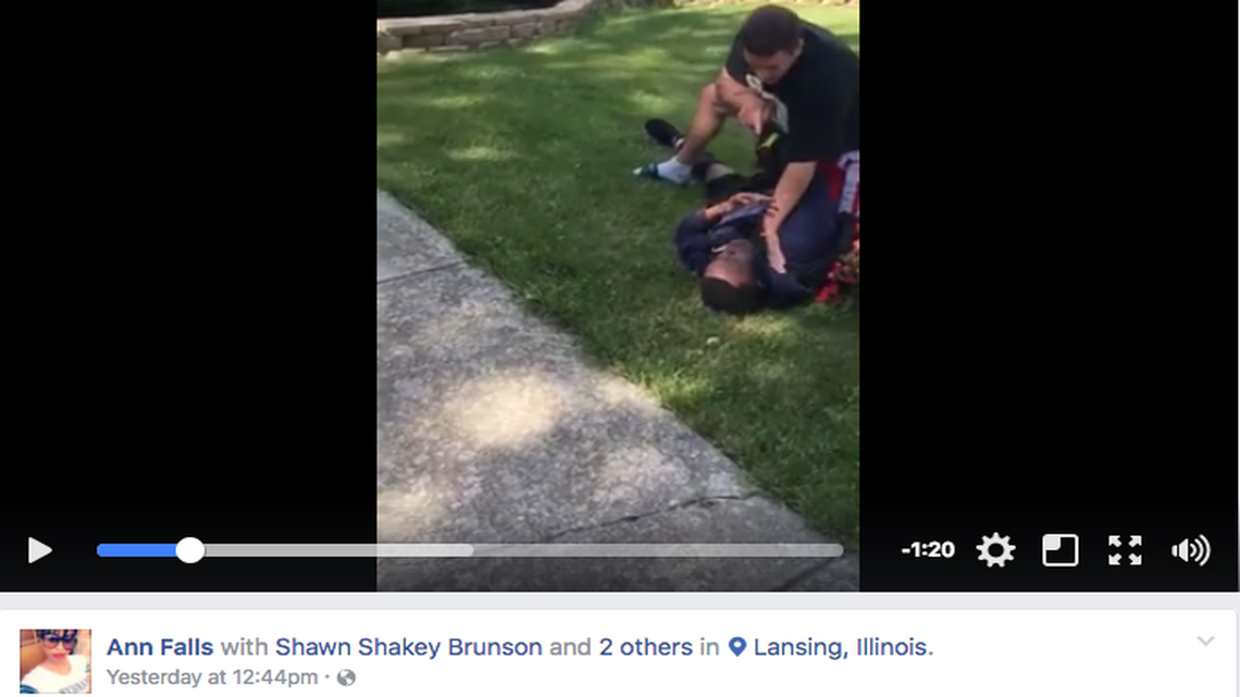 A video shows Jordan Brunson, a 15-year-old teen, being pinned down by an off-duty Lansing, Illinois, police officer. Brunson said he was helping an injured friend who was sitting on the officer’s porch.