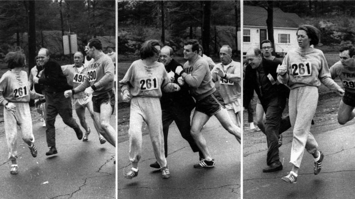 In this sequence of photos from the 1967 Boston Marathon, co-director Jock Semple (black jacket) tries to forceably remove Kathrine Switzer (261) from the race, only to be shoved aside by Switzer's 235-pound boyfriend Tom Miller (390). Women were not allowed to enter the Boston Marathon until 1972.