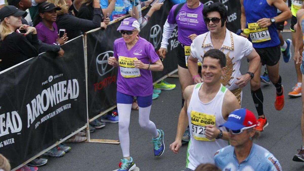Surgery for a painful injury will keep Harriette Thompson, 93, from running in this year’s San Diego Rock ’n’ Roll Marathon, an event she completed in 2015.