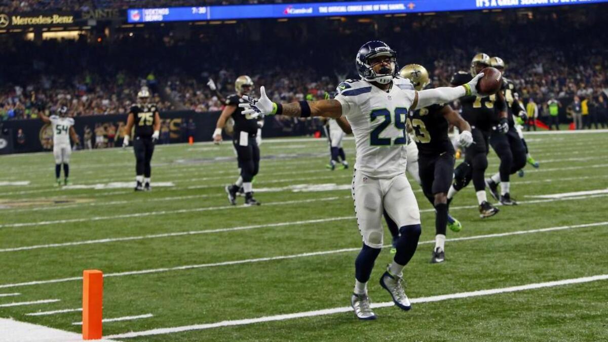 Seattle Seahawks free safety Earl Thomas (29) crosses the end zone for a touchdown on a fumble recovery in the first half of an NFL football game in New Orleans, Sunday, Oct. 30, 2016.