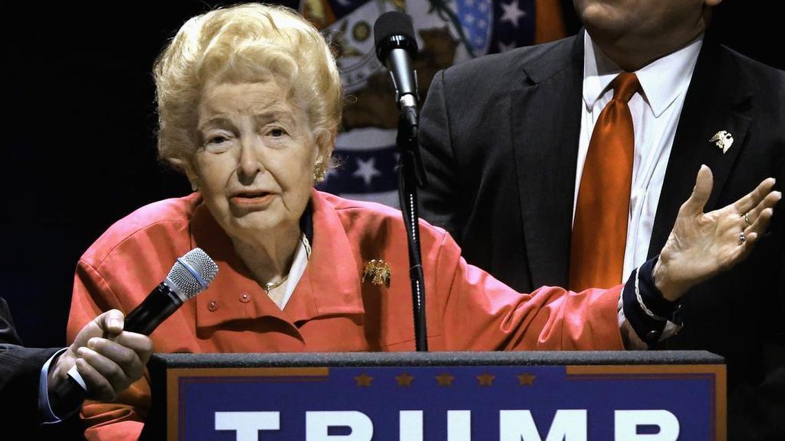 Longtime conservative activist Phyllis Schlafly endorses Republican presidential candidate Donald Trump before Trump begins speaking at a campaign rally in St. Louis on March 11, 2016. Schlafly has died, according to a statement from the Eagle Forum, the organization which she founded. She was 92.