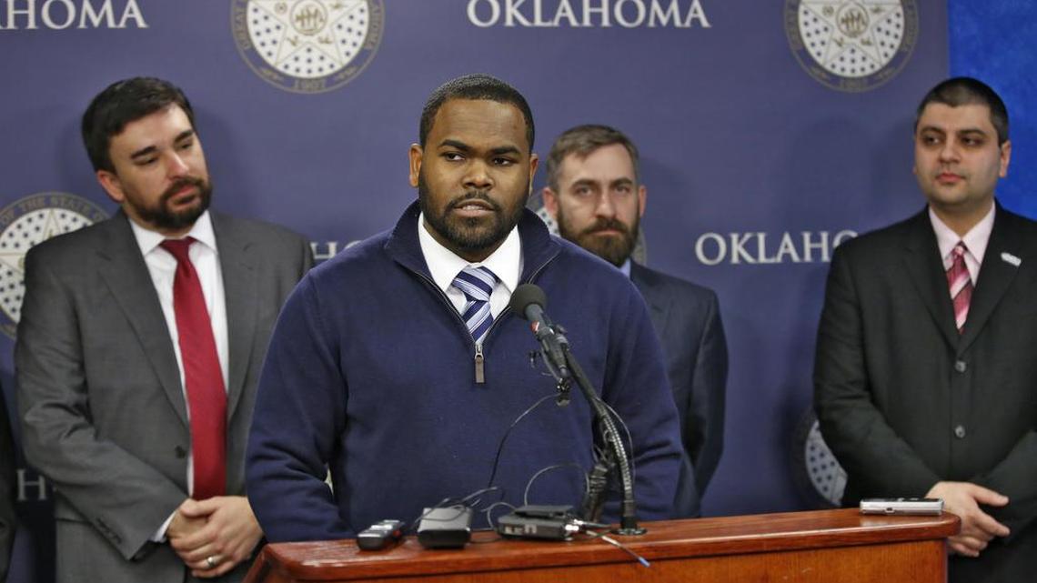 Raja’ee Fatihah speaks to members of the media at the state Capitol in Oklahoma City on Wednesday. Fatihah, a U.S. Army reservist who was asked to leave a gun range in Oklahoma after identifying himself as a Muslim, is suing the owners in federal court, pushing back against what he says is a rise in anti-Islamic sentiment across the country.