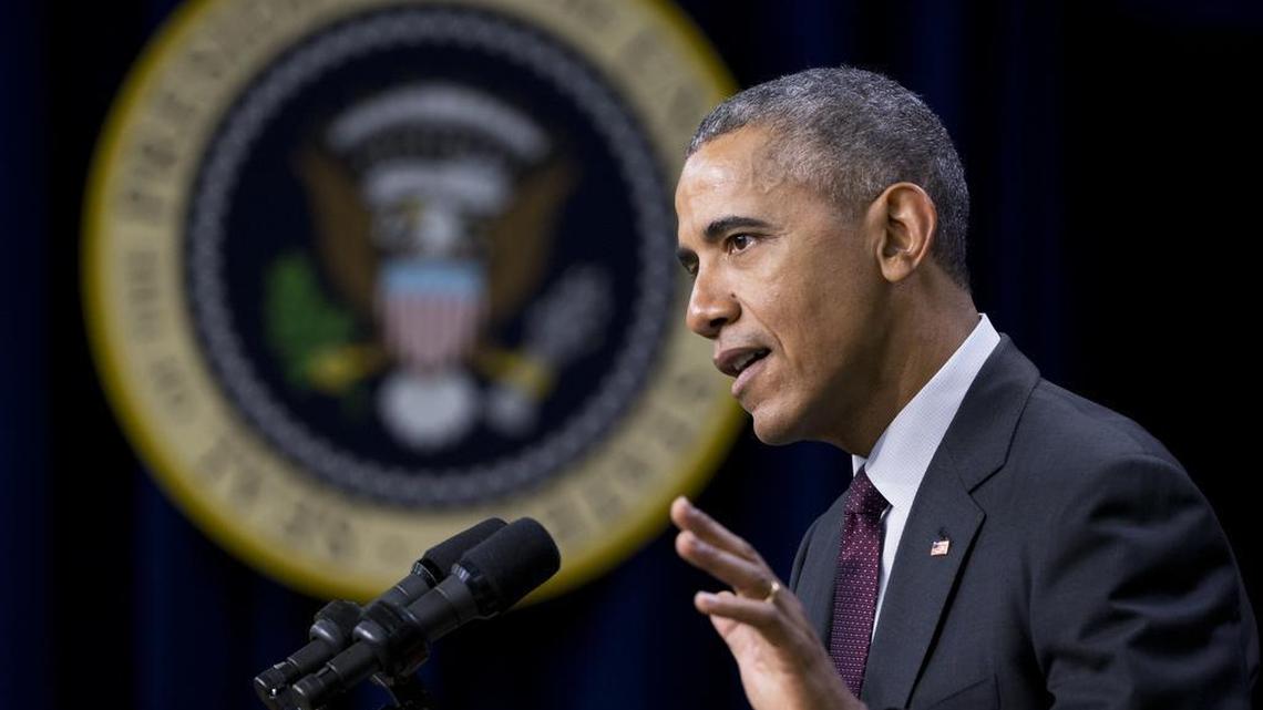 President Barack Obama speaks in the Eisenhower Executive Office Building on the White House complex in Washington on Friday, Jan. 29, 2016, to mark the 7th anniversary of the signing of the Lilly Ledbetter Fair Pay Act.