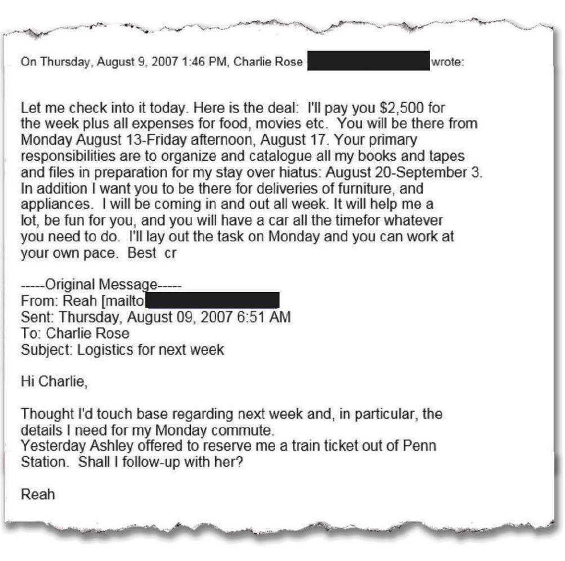 An email from Charlie Rose Rose to Reah Bravo.