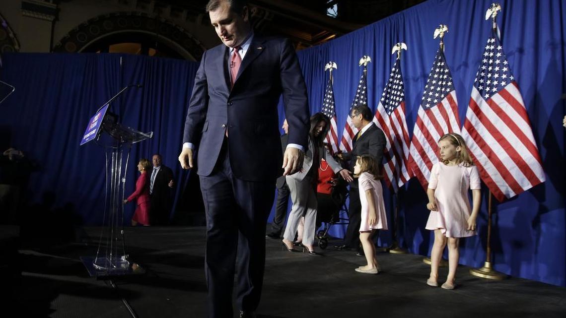 Republican presidential candidate, Sen. Ted Cruz, R-Texas, walks off the stage following a primary night campaign event, Tuesday, May 3, 2016, in Indianapolis.