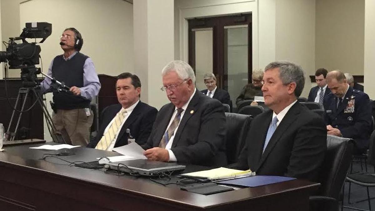 Sen. Albert Robinson, R-London, is flanked by Martin Cothran, left, and Stan Cave of the Family Foundation of Kentucky on Thursday while testifying for Senate Bill 180 in Frankfort. Robinson sponsored Senate Bill 180, and Cave testified in favor of it.