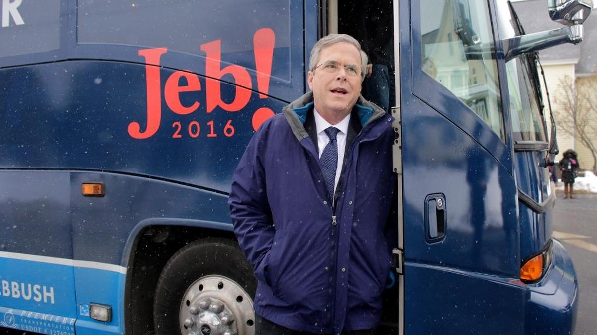 Former Florida Gov. Jeb Bush steps off his bus as he arrives at a campaign event Monday, Feb. 8, 2016, in Nashua, New Hampshire. He’s said he speaks Spanish at home more than English.