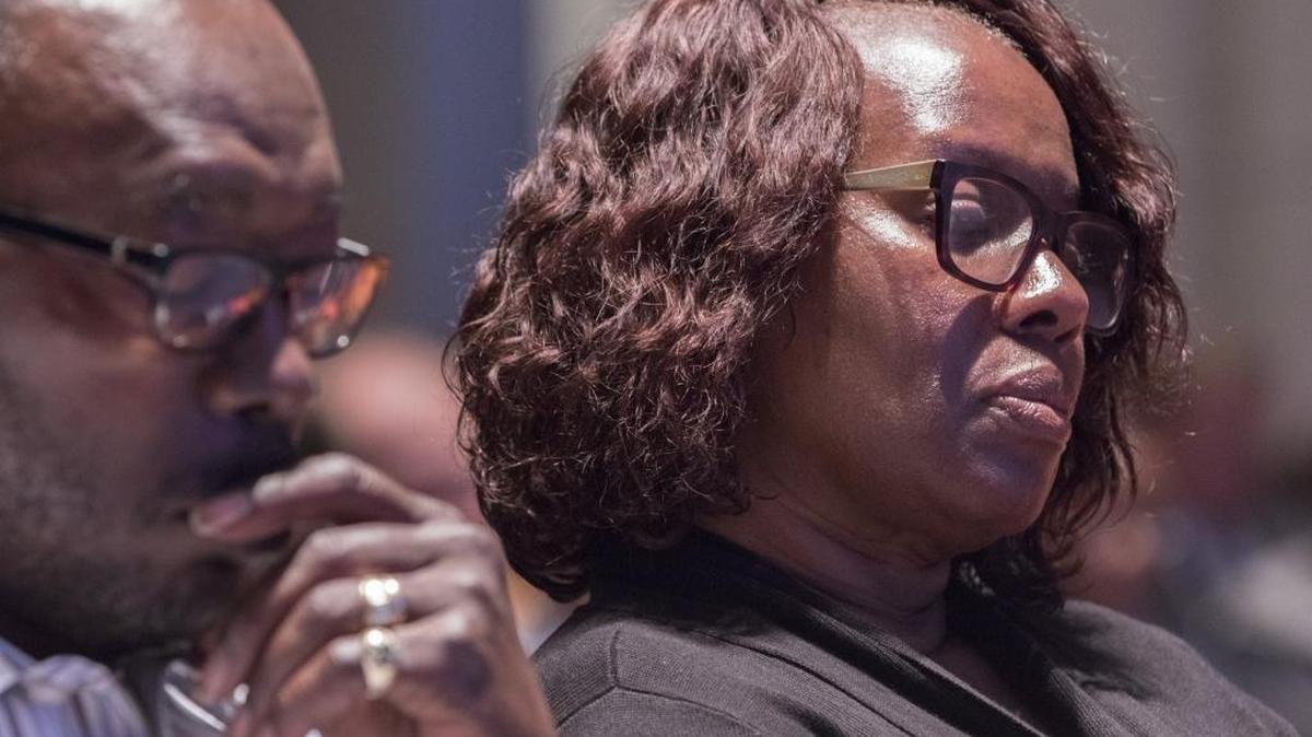 Felicia Sanders, one of the survivors of the Charleston Massacre, mourns and prays at the screening of a documentary featuring the massacre and discussing racial reconciliation in the U.S. Capitol in Washington, D.C., on July 13, 2016. Two massacre survivors and family members of the victims who participated in the March Pilgrimage also joined Rep. James E. Clyburn, D-S.C., and Sen. Tim Scott, R-S.C., at the panel.