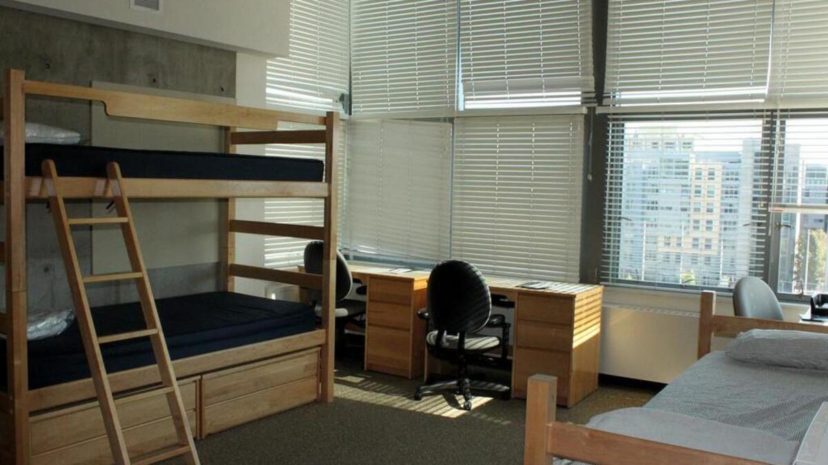 Dorm rooms in college average 12 feet by 19 feet, according to the Register Mail. This photo shows a three-person dorm at UC Berkeley.