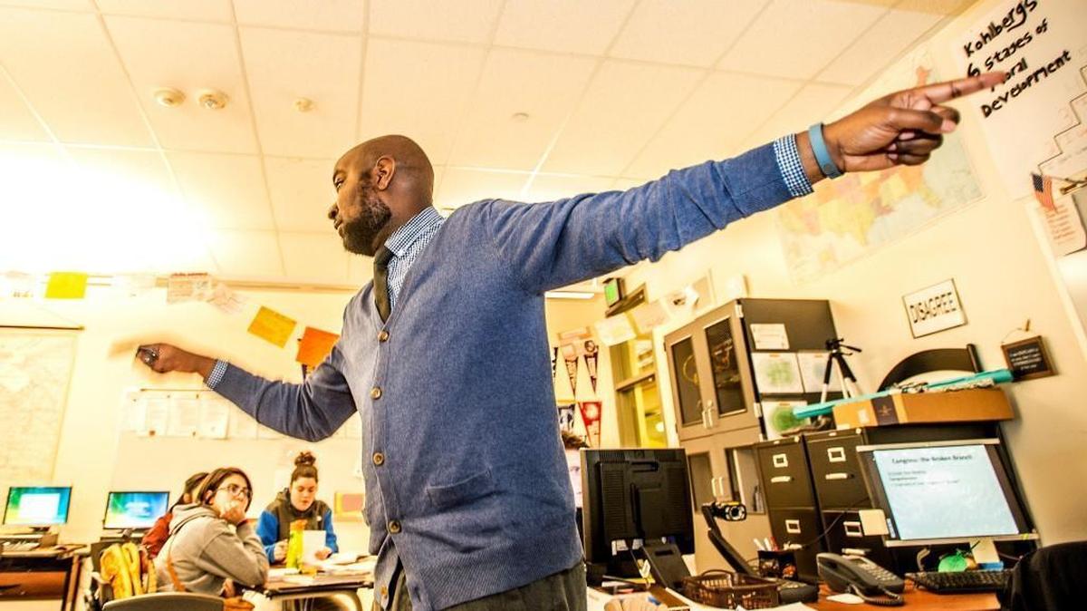 Nathan Gibbs-Bowling teaches in his Lincoln High School classroom in December.