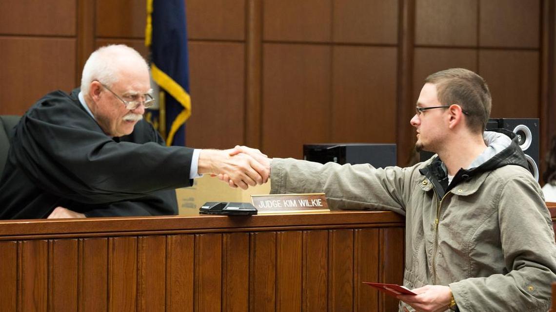 Fayette District Court Judge Kim Wilkie shook hands with Nate Smith at the Fayette District Courthouse.