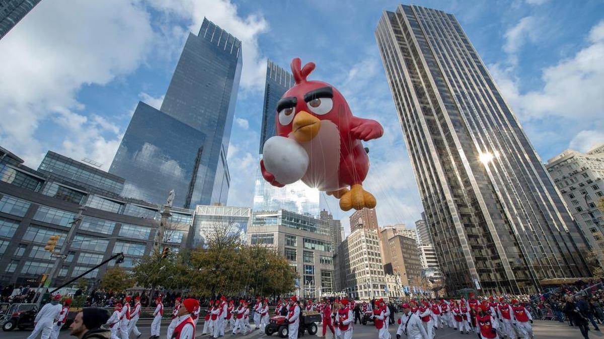 The balloon Angry Bird moves through Columbus Circle during the Macy's Thanksgiving Day Parade, Thursday, Nov. 26, 2015, in New York.