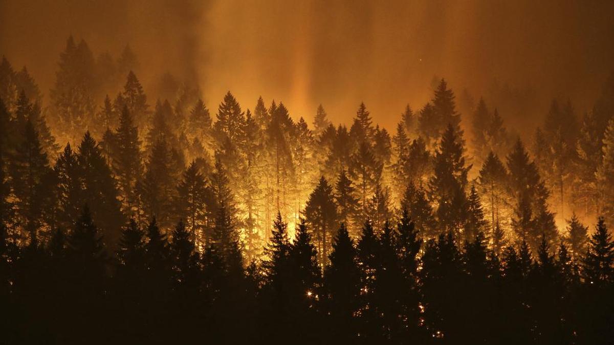 A wildfire continues to burn on the Oregon side of the Columbia River Gorge near Cascade Locks, Ore., and the Bridge of the Gods, late Tuesday, Sept. 5, 2017.