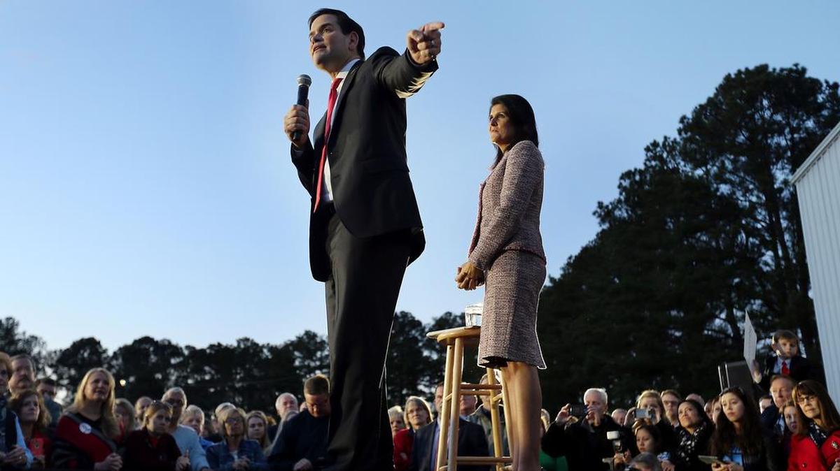 Gov. Nikki Haley stands with Republican presidential candidate Sen. Marco Rubio, R-Fla., in Chapin, S.C., on Thursday.