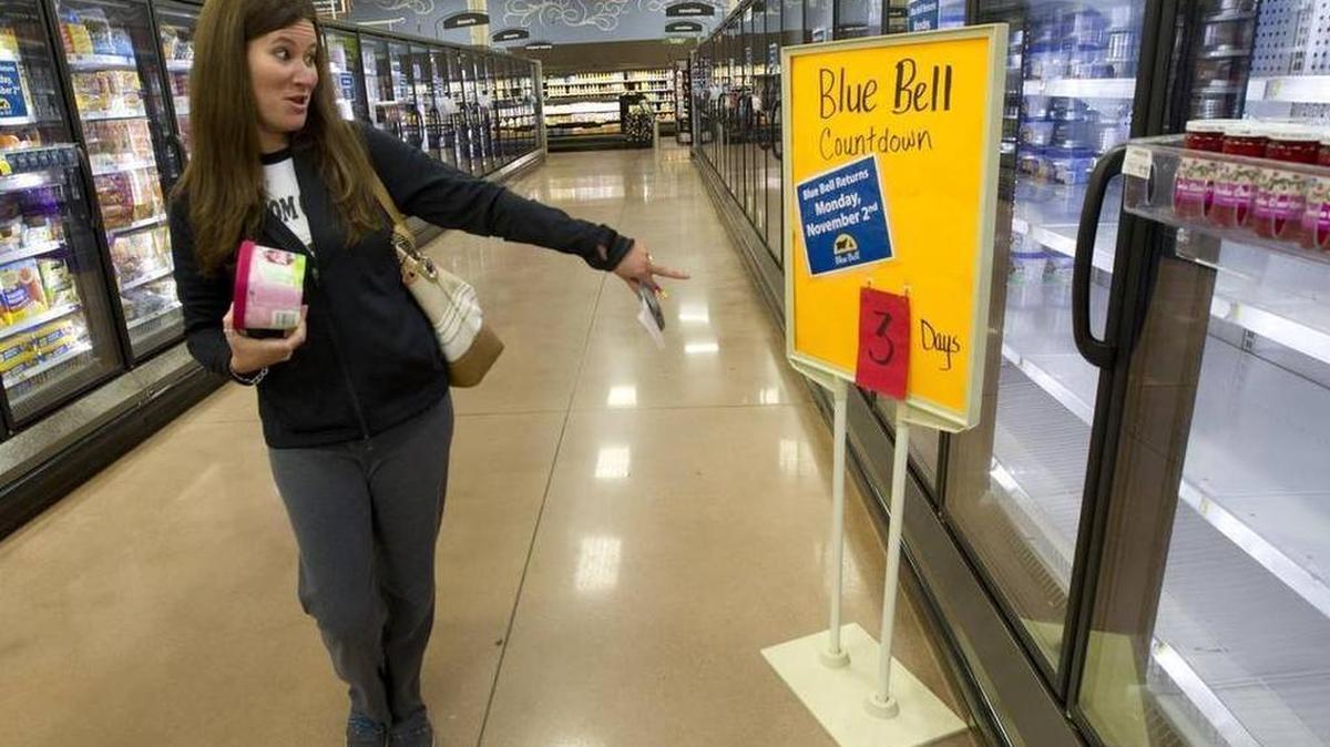 Michelle Kirchoffer was shopping at Kroger Marketplace in Fort Worth on Friday when she noticed the countdown to Blue Bell’s return. ‘I love Blue Bell. I grew up on Blue Bell. I can’t wait for it to come back,” she said.