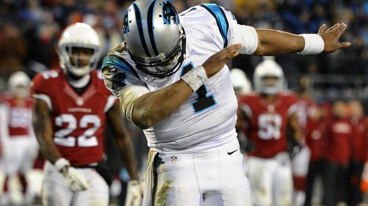 Carolina Panthers quarterback Cam Newton celebrates a first-and-goal against the Arizona Cardinals in the fourth quarter in the NFC Championship game at Bank of America Stadium in Charlotte on Sunday, January 24, 2016. Carolina won, 49-15, advancing to Super Bowl 50 against the Denver Broncos.