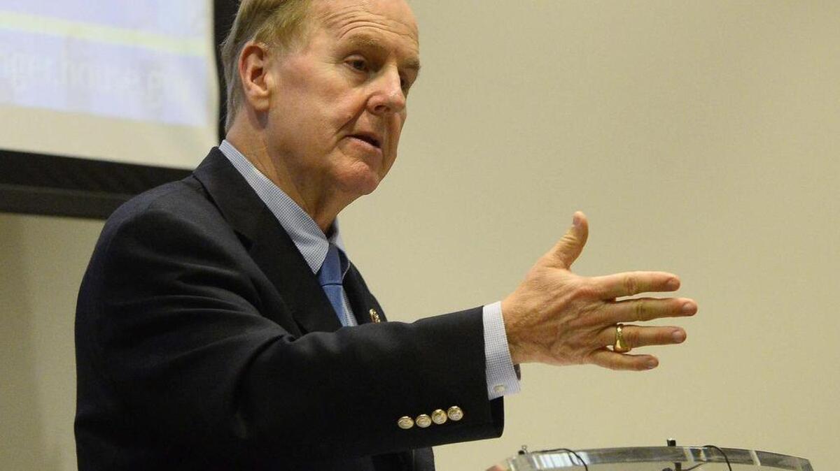 
Congressman Robert Pittenger speaks to the audience during a town hall meeting in Mooresville, N.C., on Aug. 11.
