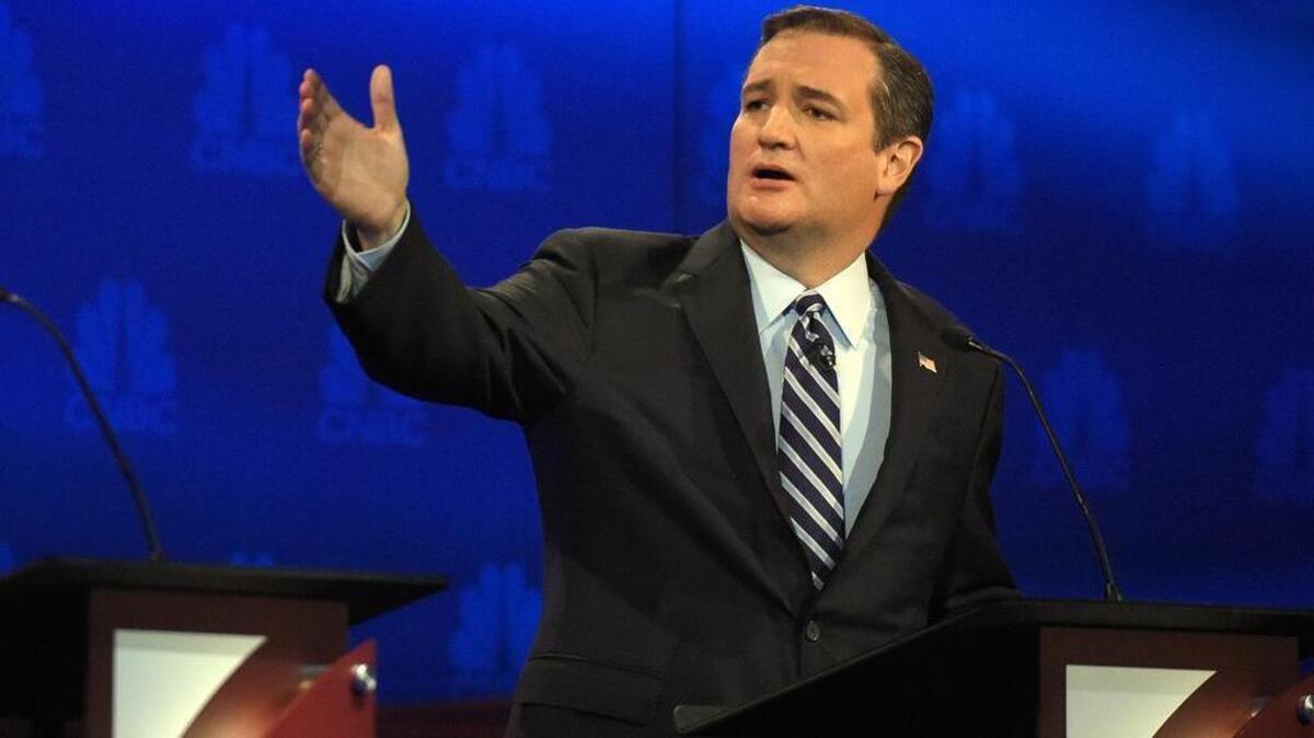 Republican presidential candidate Sen. Ted Cruz, R-Texas, talks about the mainstream media during the CNBC Republican presidential debate at the University of Colorado in Boulder, Colo., on Wednesday, Oct. 28, 2015.
