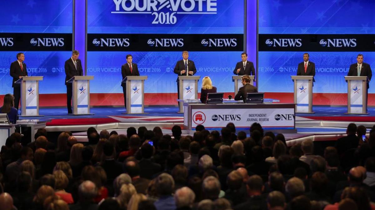 Ohio Gov. John Kasich, former Florida Gov. Jeb Bush, Sen. Marco Rubio, R-Fla., businessman Donald Trump, Sen. Ted Cruz, R-Texas, retired neurosurgeon Ben Carson and New Jersey Gov. Chris Christie (L-R) line up at the beginning of a Republican presidential primary debate hosted by ABC News at the St. Anselm College Saturday, Feb. 6, 2016, in Manchester, New Hampshire.