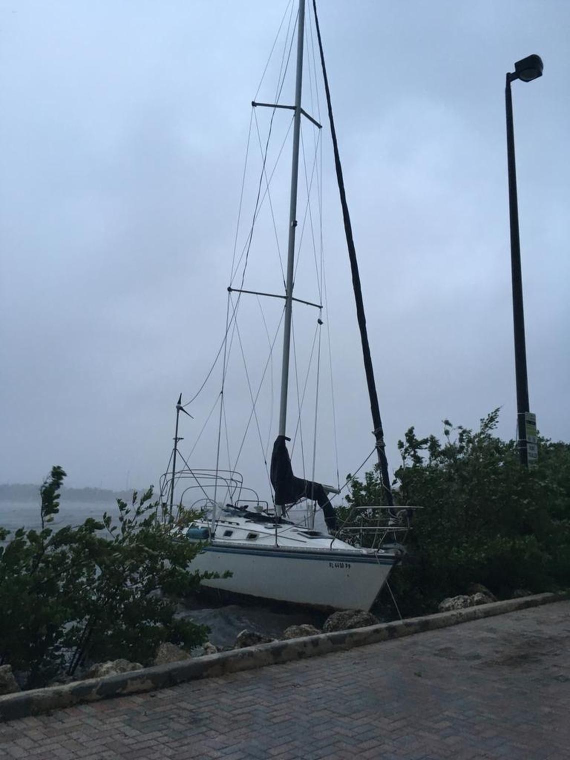 A sailboat has landed on the rocks by the city of Miami’s Seminole Boat Ramp in Coconut Grove as Hurricane Irma approaches South Florida.