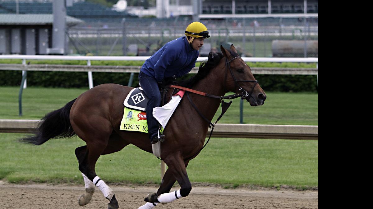 
Kentucky Derby entrant Keen Ice gallops at Churchill Downs in Louisville, Ky., Thursday, April 30, 2015 with exercise rider Faustino Aguilar in the saddle. 
