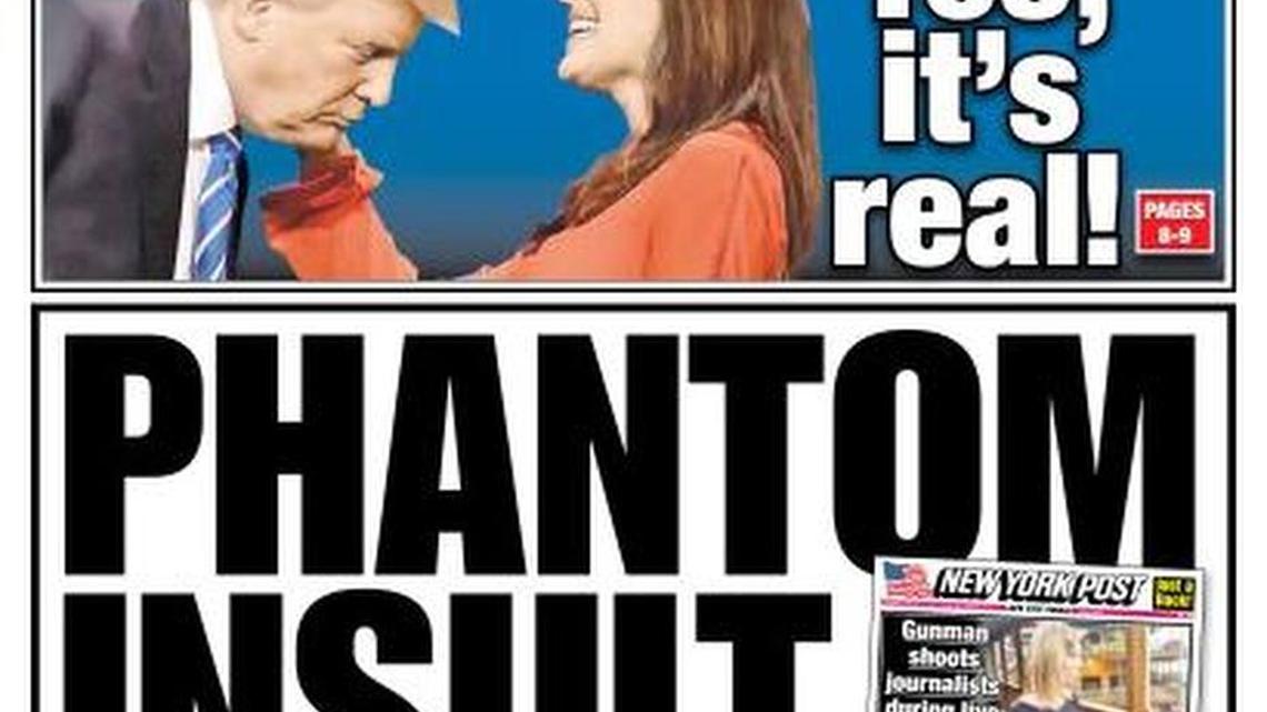 
The front page of the New York Post on Friday featured Mary Margaret Bannister inspecting Donald Trump’s hair in Greenville. 
