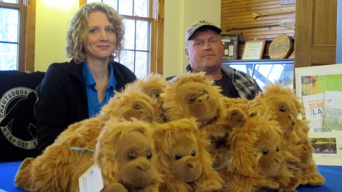 Conservationist Tricia Bergstue from the Chautauqua Watershed Conservancy and field biologist Jamie Haight display stuffed Bigfoot toys at the Chautauqua Lake Bigfoot Expo in Chautauqua, N.Y., on Saturday. The Chautauqua Watershed Conservancy offered expo attendees the chance to "adopt" a Sasquatch for a $25 donation to help protect the habitat of all creatures.
