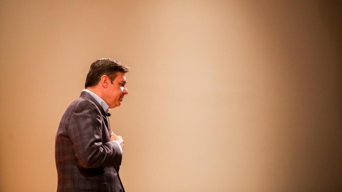 Congressman Raul Labrador speaks at a town hall at Meridian Middle School in Meridian, Idaho, Wednesday, April 19, 2017. Labrador, an Idaho Republican, is a member of the House Freedom Caucus, which drew the ire of President Donald Trump last month during the health care battle.