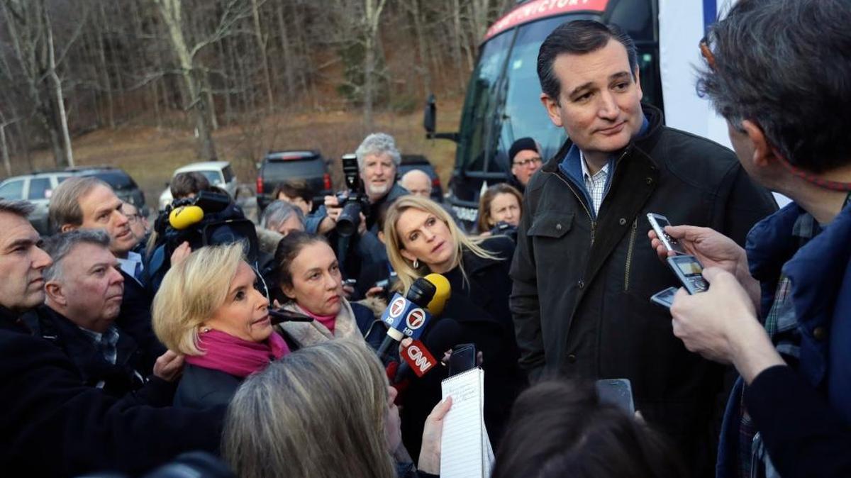 In this Feb. 3, 2016, photo, Sen. Ted Cruz, R-Texas, speaks to media in Weare, New Hampshire.