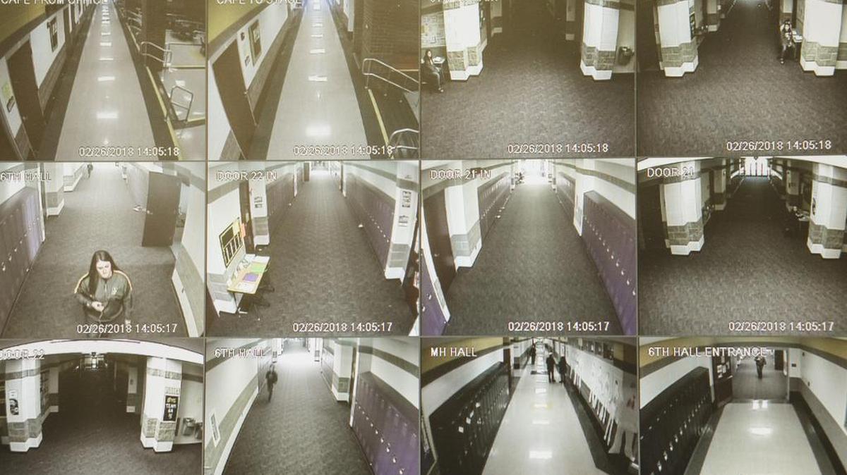 Security cameras at a middle school in Sidney, Ohio. The district is one of hundreds across the country that have given staff access to guns, seeing the weaponry not as a political statement but a practical response to a potent threat.