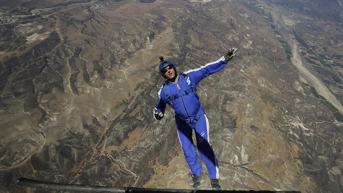 After months of training, skydiver Luke Aikins says he’s ready to leave his chute in the plane when he bails out 25,000 feet above Simi Valley, Calif. on Saturday.