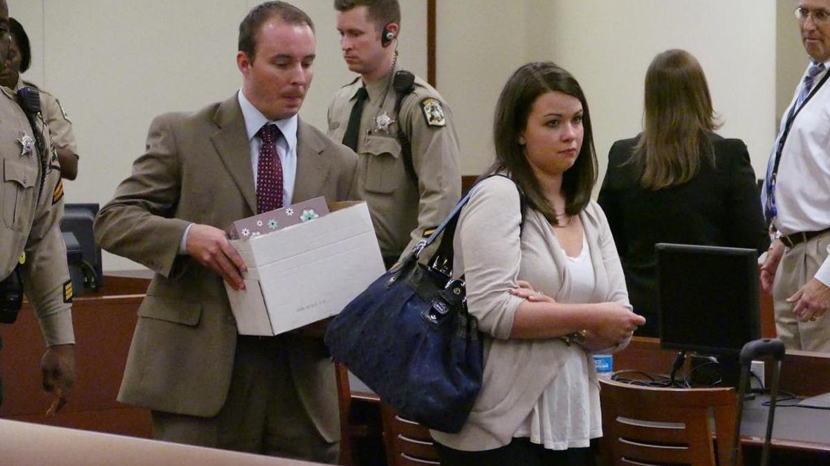 
Randall “Wes” Kerrick and his wife Carrie leave the courtroom after Superior Court Judge Robert Ervin declared a mistrial.
