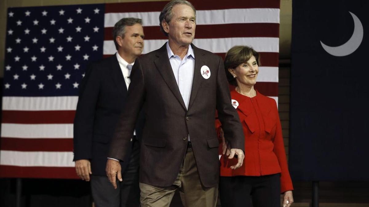 Republican presidential candidate and former Florida Gov. Jeb Bush, left, accompanied by his brother former President George W. Bush, center, and George’s wife, Laura Bush, take the stage during a campaign stop Monday, Feb. 15, 2016, in North Charleston, S.C.