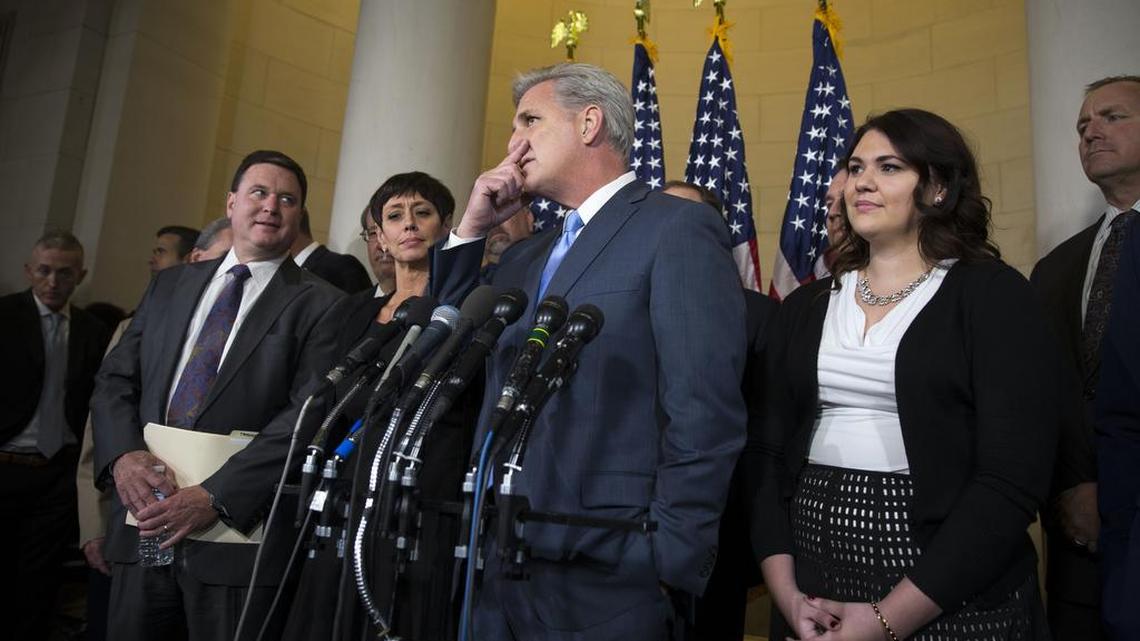 
House Majority Leader Kevin McCarthy of California speaks Thursday, Oct. 8, 2015, on Capitol Hill in Washington after dropping out of the race to replace House Speaker John Boehner. 

