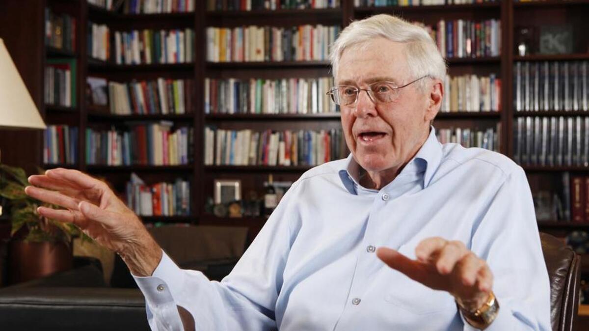 
Charles Koch speaks in his office at Koch Industries in Wichita, Kan., on May 22, 2012. Republican presidential candidates Carly Fiorina and Wisconsin Gov. Scott Walker are to speak at gathering hosted by the conservative political donors Charles and David Koch. 

