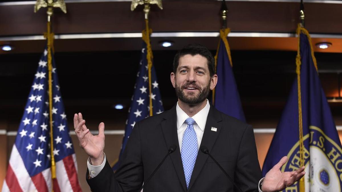House Speaker Paul Ryan of Wis. gestures during an end-of-the-year news conference on Capitol Hill in Washington, Thursday, Dec. 17, 2015, as the Congress moves toward passage of a $1.1 trillion omnibus spending bill.