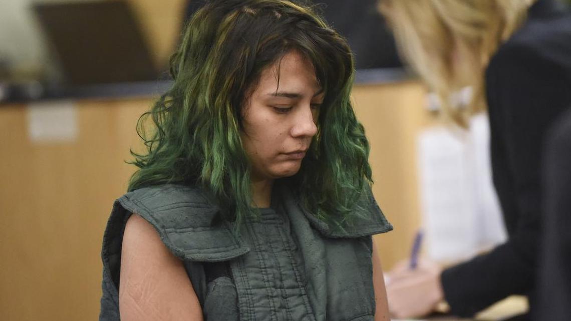 Emily Javier, of Camas, Wash., makes a first appearance in Clark County Superior Court on March 5 on allegations that she stabbed her boyfriend with a samauri sword early Saturday morning at their home in Camas, Wash.