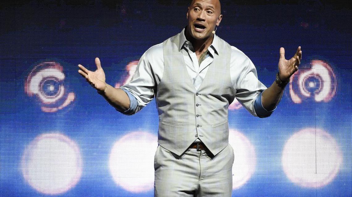 Dwayne Johnson, a cast member in the upcoming film "Baywatch," addresses the audience during the Paramount Pictures presentation at CinemaCon 2017 at Caesars Palace on Tuesday, March 28, 2017, in Las Vegas.