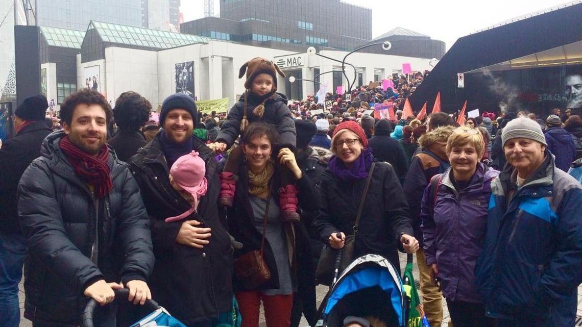 Sasha Dyck (second from left) at the Montreal Women’s march with friends on Saturday, Jan. 21, 2017. The father of two, who once ran for Montreal city council, said border agents stopped his group from entering the United States after learning of their plans to attend Saturday’s Women’s March in Washington.