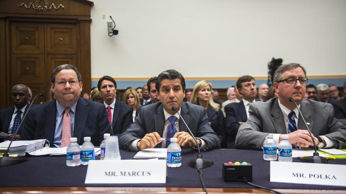 
From left, David Cohen, executive of Comcast, Robert Marcus, executive of Time Warner Cable, and Matthew Polka, executive of the American Cable Association, testify before the House Subcommittee on Regulatory Reform, Commercial and Antitrust Law on Capitol Hill, in Washington, May 8, 2014. Other cable and Internet executives registered vigorous opposition to the proposed merger on the grounds that it would hurt competition, and Comcast’s $45 billion takeover of Time Warner Cable collapsed under regulatory pressure. 
