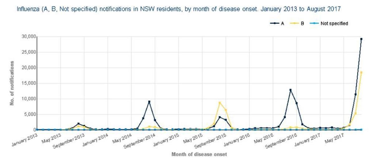 Cases of influenza reported in New South Wales by month dating back to 2013.