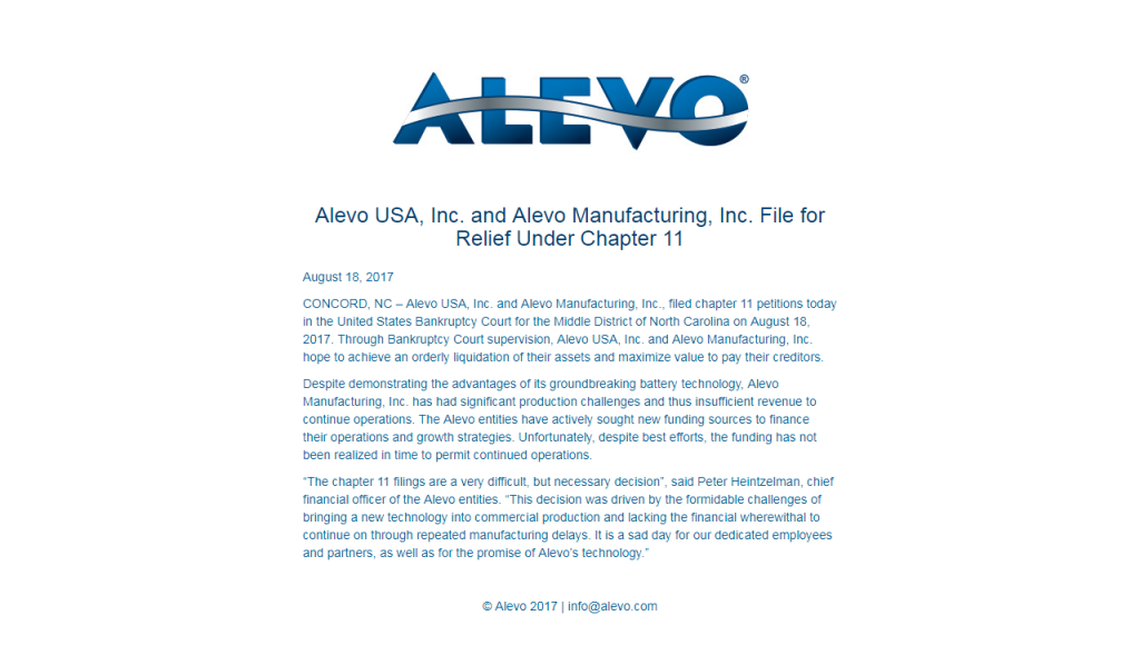This screenshot of Alevo’s homepage shows how the company website was replaced with a single page informing it had filed for bankruptcy.