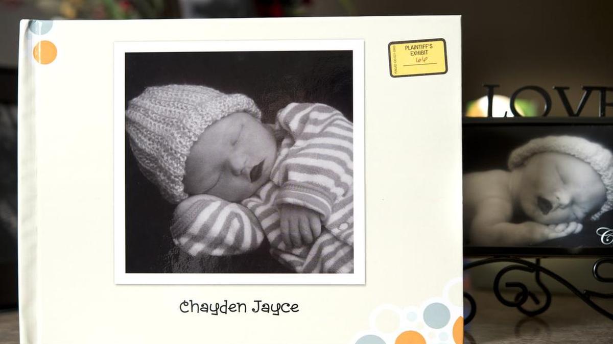 Johnna Hughes of Kansas City last month won a $2.5 million verdict in a medical malpractice and wrongful death suit against a doctor and a medical staffing service after her unborn son died. A memory box with a photo of Chayden Jayce McFadden was submitted as plaintiff’s exhibit 66.