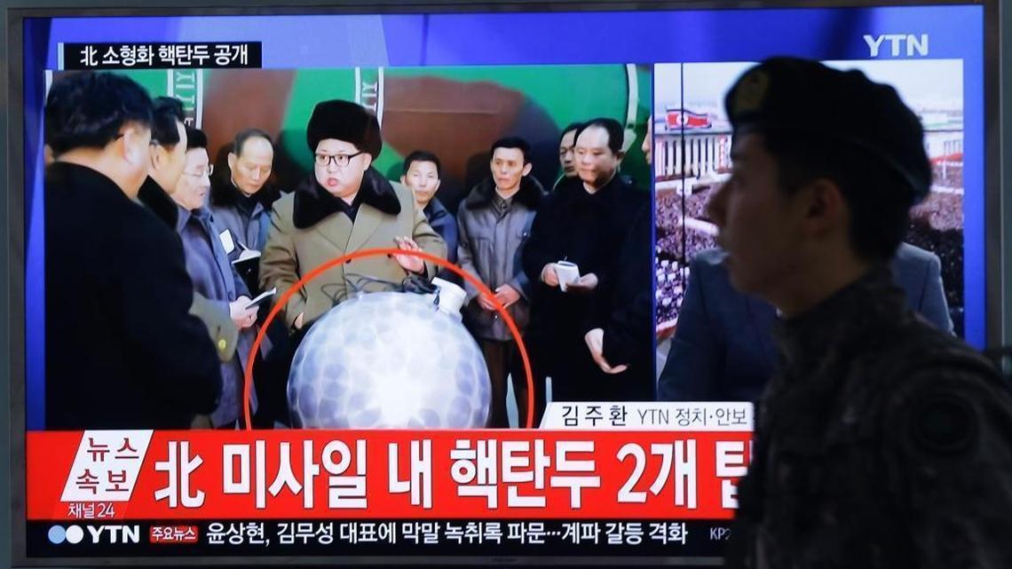 A TV screen in South Korea shows North Korean leader Kim Jong Un with superimposed letters that read: “North Korea’s nuclear warhead” during a news program at Seoul Railway Station on March 9, 2016. North Korea claimed last year the pictured orb was a miniaturized nuclear weapon, a claim that was widely mocked. U.S. intelligence officials have now concluded North Korea has successfully miniaturized such a warhead, according to a report in the Washington Post.