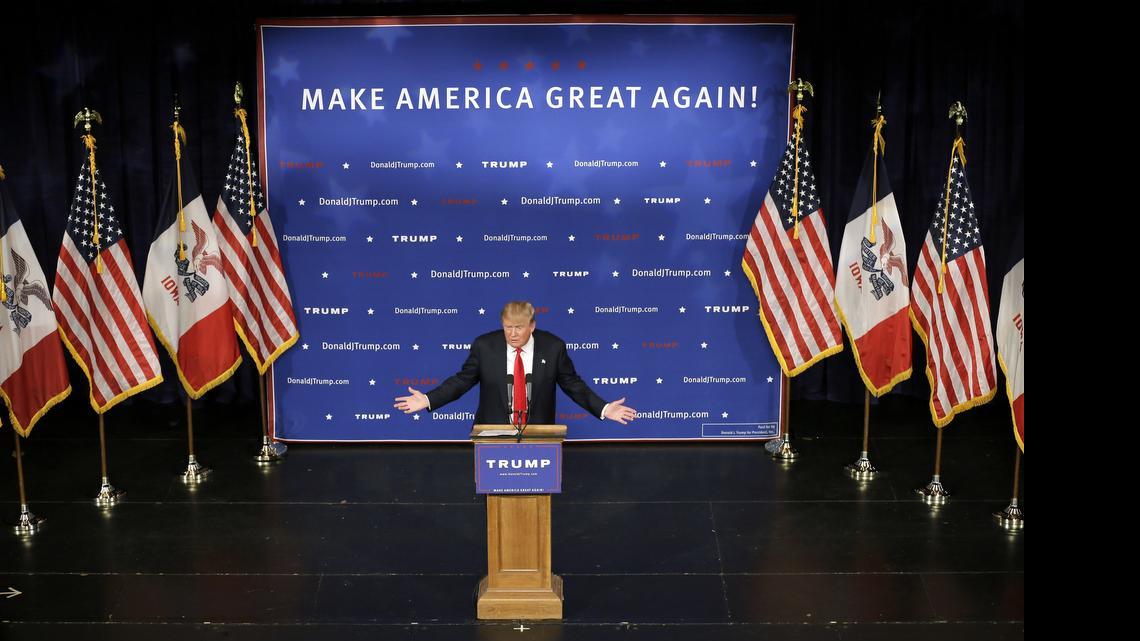 
Republican presidential candidate Donald Trump speaks to supporters during a rally, Tuesday, June 16, 2015, in Des Moines, Iowa.

