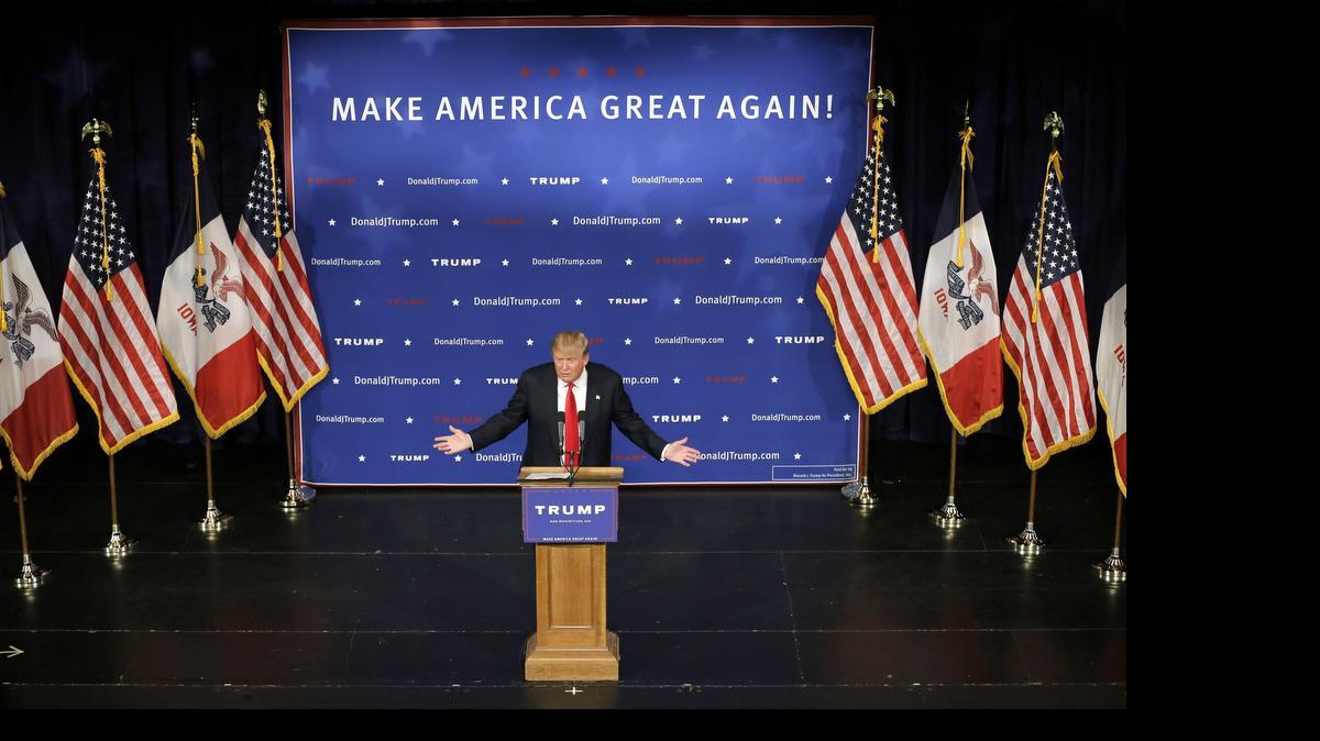 
Republican presidential candidate Donald Trump speaks to supporters during a rally, Tuesday, June 16, 2015, in Des Moines, Iowa.
