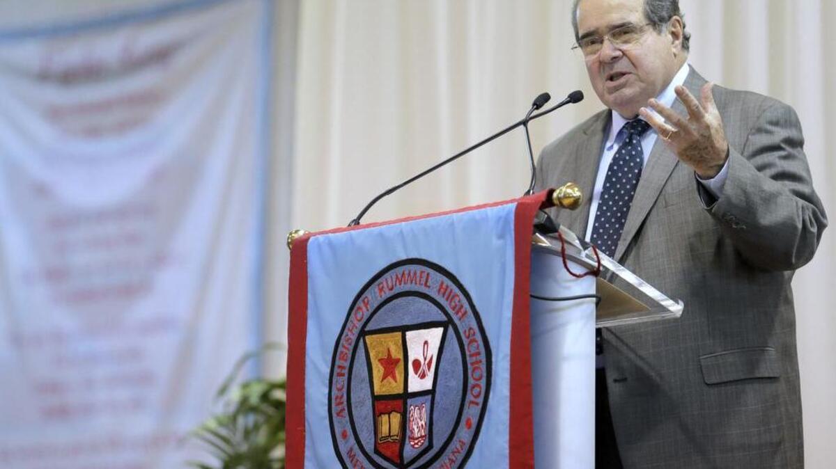 Supreme Court Justice Antonin Scalia speaks at Archbishop Rummel High School on Saturday in Metairie, La. Scalia said the idea of religious neutrality is not grounded in the country’s constitutional traditions and that God has been good to the U.S. exactly because Americans honor him.